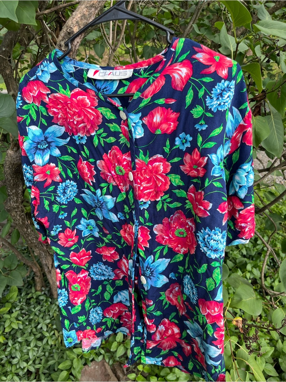 Chaus Navy Floral Blouse with Red & Light Blue Blooms
